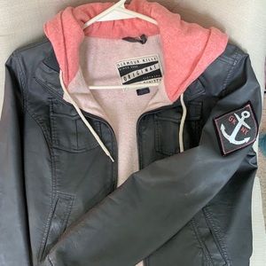 Pleather jacket with built in hoodie